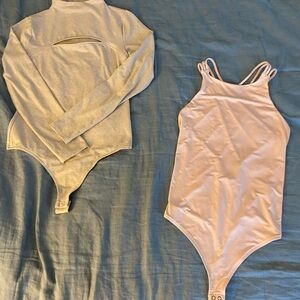 Express bodysuit set in cream and tan cross back and close back long sleeve